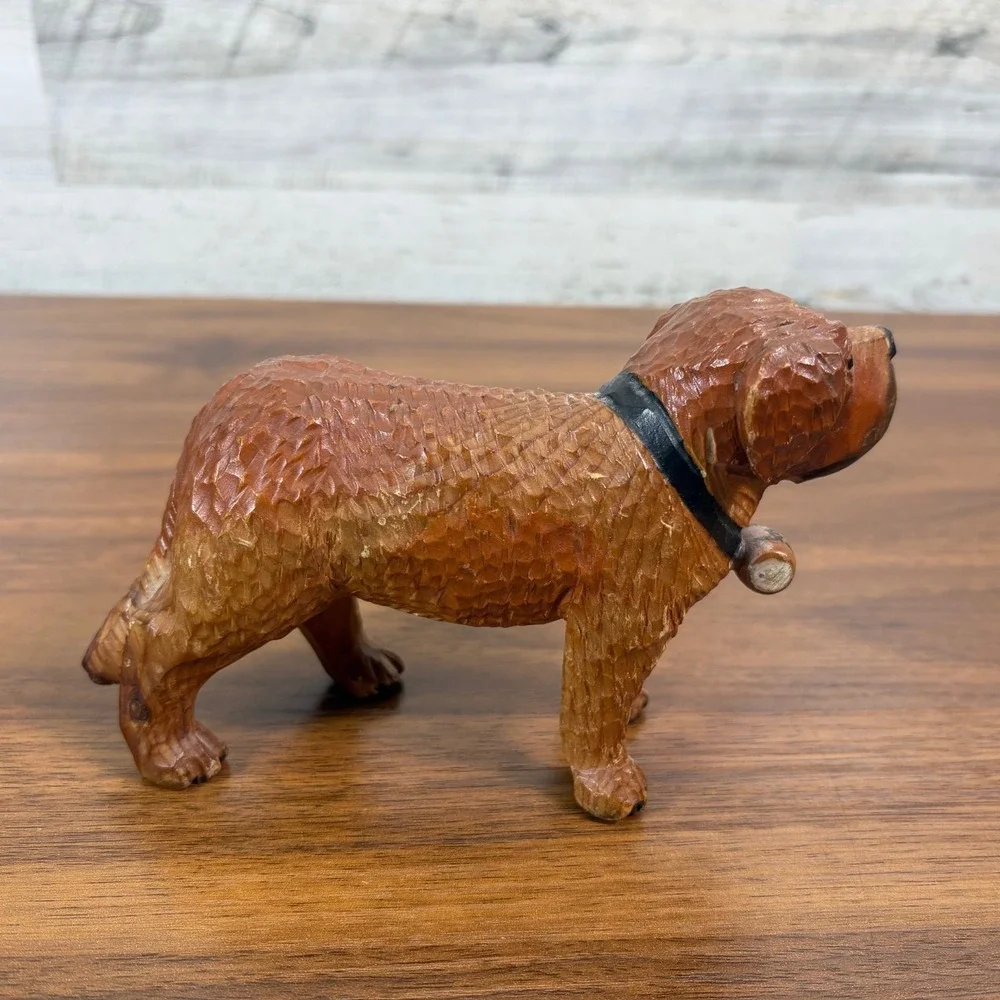 Vintage Swiss Hand Carved Wood Saint Black Forest St. Bernard Dog Figurine Keg
